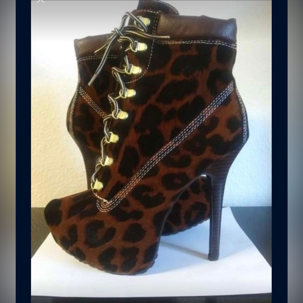 Leopard Print Lace-Up Platform Stiletto Ankle Boots - Brown